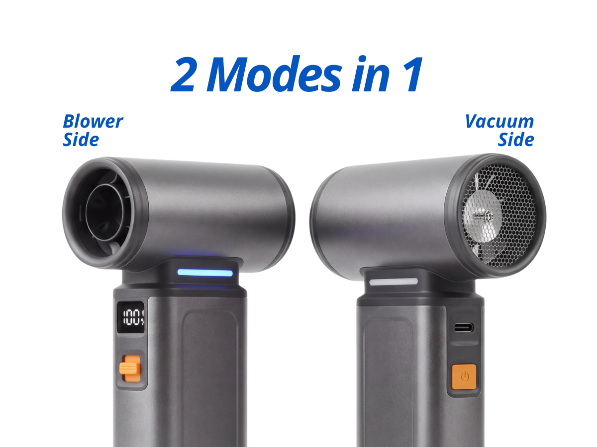 Two modes in one: the Sweep S1 shown twice side by side, the blower side on the left and the vacuum side on the right.