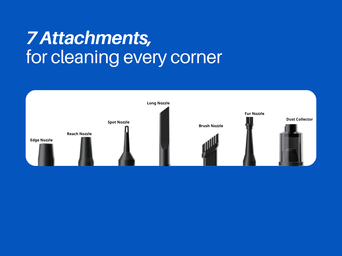 Seven attachments, for cleaning every corner — the full set laid out in a row.